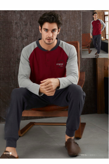 Pijama barbat din bumbac gros interlock, maneci si pantaloni lungi, gri visiniu original 8725