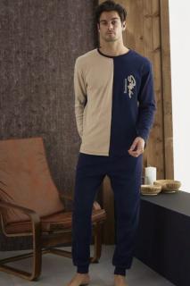 Pijama barbat din bumbac gros interlock, maneci si pantaloni lungi, negru bej 8728