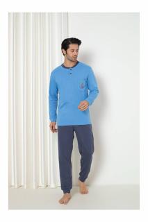 Pijama barbat din bumbac interlock, maneci si pantaloni lungi, albastru 8064