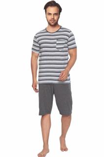 Pijama bumbac barbat, cu maneci si pantaloni scurti, imprimeu cu dungi, gri 4003