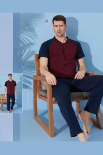 Pijama bumbac barbat, maneci scurte, pantaloni lungi, deschidere nasturi, bleumarin visiniu