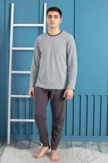 Pijama bumbac barbat, maneci si pantaloni lungi, imprimeu modern, gri deschis 6013