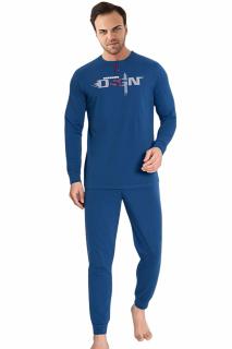Pijama bumbac premium barbat, cu maneci si pantaloni lungi, imprimeu dsgn, albastru 2076