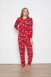 Pijama cocolino dama, imprimeu Craciun cu pinguini si fulgi de nea, rosu 07