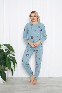 Pijama cocolino dama, imprimeu Craciun ursulet, albastru