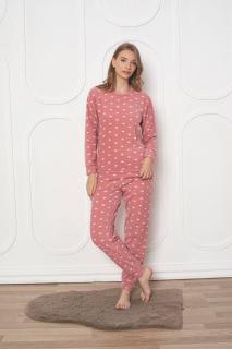 Pijama cocolino dama, soft polar, imprimeu inimioare, corai 502