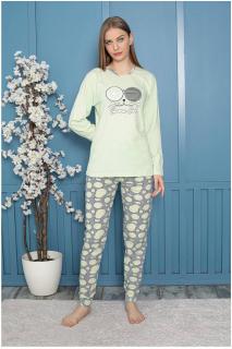 Pijama dama bumbac, confortabila, cu imprimeu cool cat, vernil 807