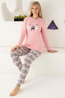 Pijama dama bumbac, confortabila, cu imprimeu Craciun Reni, corai