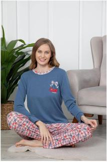 Pijama dama bumbac, imprimeu cherry, albastru 2056