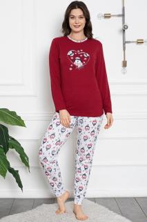 Pijama dama bumbac, imprimeu Craciun pinguini, rosu 809