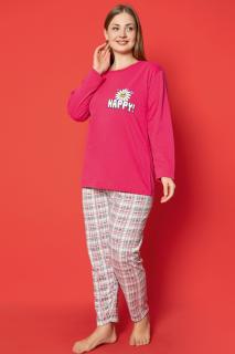 Pijama dama bumbac vatuit batal marime mare, imprimeu happy, roz 14683