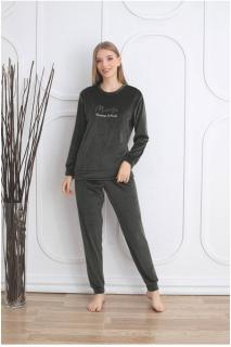 Pijama dama catifea, material moale si delicat, imprimeu uni, kaki pudra 58
