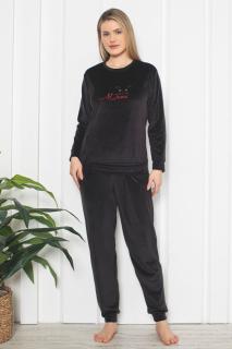 Pijama dama catifea, material moale si delicat, imprimeu uni, Meow, negru
