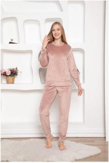 Pijama dama catifea, material moale si delicat, imprimeu uni, roz pudra 21