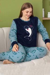 Pijama dama cocolino batal-marime mare, pufoasa si calduroasa, imprimeu delfin, albastru 60057