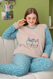 Pijama dama cocolino batal marime mare, pufoasa si calduroasa, pisicute fericite, bej bleu 60029