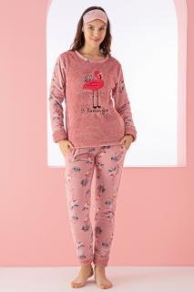 Pijama dama cocolino, pufoasa si calduroasa, imprimeu Flamingo, corai