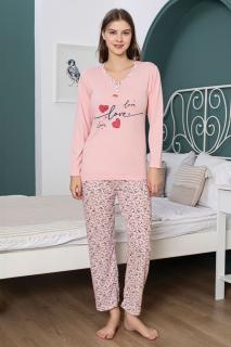 Pijama dama din bumbac, imprimeu inimioare love love, corai 15231