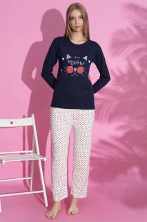 Pijama dama din bumbac, imprimeu Meow, Bleumarin 15269