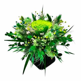 Aranjament floral cu trandafir criogenat verde  si plante stanilizate, in vas negru 3D