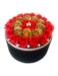 Aranjament floral EVENTISSIMI -Trandafiri Sapun, Rosu Auriu, cutie de catifea