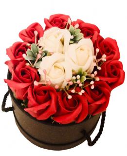 Aranjament Floral EVENTISSIMI - Trandafiri Sapun, Rosu Bej, cutie de cadou