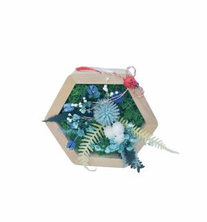Aranjament floral hexagon cu licheni , plante uscate si plante criogenate (Albastru, verde)