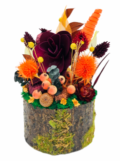 Aranjament floral mic personalizabil de toamna sau Halloween cu flori uscate si licheni stabilizati (Portocaliu, Grena)
