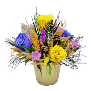 Aranjament floral personalizabil cu trandafiri si plante naturale criogenate si stabilizate