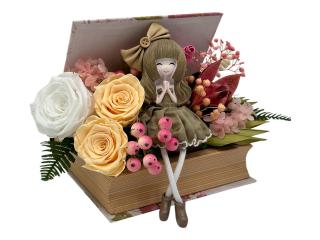 Aranjament floral personalizabil, Eventissimi, cutie cadou, carte, balerina, trandafiri criogenati si plante uscate multicolor