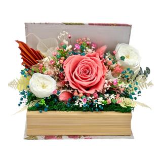 Aranjament floral personalizabil, Eventissimi, cutie cadou, carte, trandafirI criogenatI si plante uscate multicolor