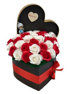 Aranjament floral personalizabil, Eventissimi, Cutie cadou, Trandafiri SAPUN, alb-rosu