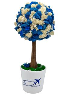 Aranjament floral personalizabil, mediu 38 cm, tip copacel   pomisor cu licheni naturali stabilizati si flori criogenate si uscate in vas ceramic (Alb-Albastru)