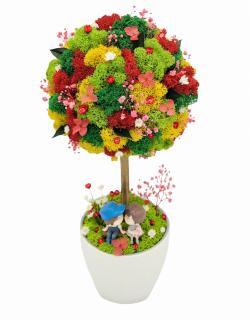 Aranjament floral personalizabil, mediu 38 cm, tip copacel   pomisor cu licheni naturali stabilizati si flori criogenate si uscate in vas ceramic (Multicolor)