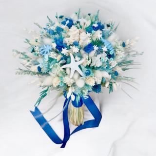 Buchet cu scoici si alte elemente marine , personalizabil, ideal pentru cununie civila, nunta, mireasa, nasa  sau cadou, alb-albastru