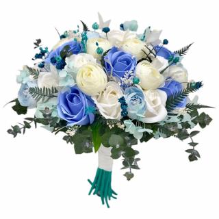 Buchet cu trandafiri din foita de sapun si bujori din matase, alb-albastru, 37 flori, personalizabil, rezistent pana la 10 ani