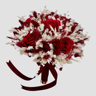 Buchet cu trandafiri si mix flori uscate , personalizabil, ideal pentru cununie civila, nunta, mireasa, nasa  sau cadou, alb-grena