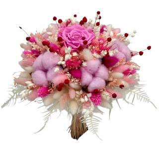Buchet de flori ciogenate, roz intens ,bumbac si mix plante naturale uscate