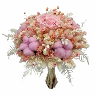 Buchet de flori crogenate, roz pudra ,bumbac si mix plante naturale uscate
