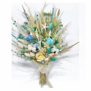 Buchet evantai cu mix de flori naturale uscate, trandafiri si bumbac , alb-blue, ideal pentru nasa, cununie civila sau cadou