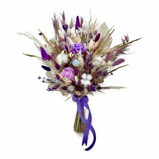 Buchet evantai cu mix de flori naturale uscate, trandafiri si bumbac , alb-mov, ideal pentru nasa, cununie civila sau cadou
