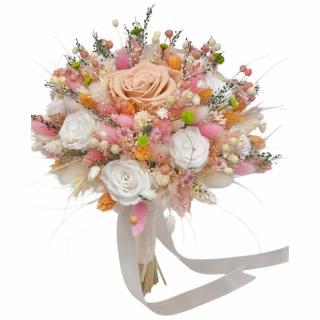 Buchet flori cu trandafiri criogenati si plante naturale uscate, personalizabil, ideal pentru cununie civila, nunta, mireasa sau cadou