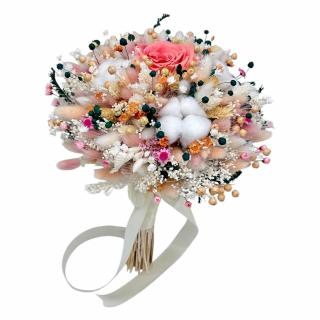Buchet flori naturale uscate, bumbac si trandafir criogenat peach fuzz, personalizabil, ideal pentru cununie civila, nunta, mireasa , nasa sau cadou
