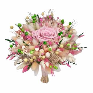 Buchet flori naturale uscate si trandafir criogenat XL, personalizabil, ideal pentru cununie civila, nunta, mireasa sau cadou, alb-roz
