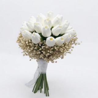 Buchet lalele albe , real touch si Gypsophilia- Floarea miresei, criogenata, rezistent peste ani