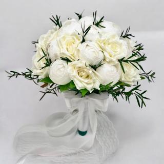 Buchet mare alb pentru mireasa, personalizabil ,cu trandafiri, bujori si verdeata criogenata ( alb , verde )