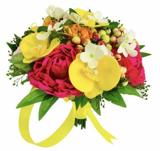 Buchet mare personalizabil cu bujori, orhidee, trandafiri, hortensie, frunze si plante uscate (Multicolor)