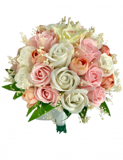 Buchet mare personalizabil cu trandafiri, bujori si flante naturale uscate (Alb, Roz)