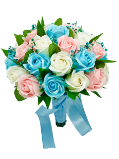 Buchet mare personalizabil cu trandafiri, Gypsophila si frunze (Bleu, Multicolor)