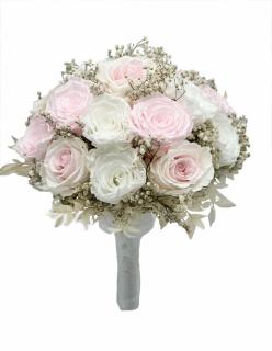 Buchet mare personalizabil cu trandafiri naturali criogenati, floarea miresei naturala uscata si frunze de ruscus naturale criogenate, (Alb   Roz)